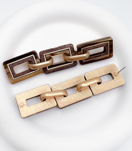 Ozel - Natural Wooden Acrylic Boho Drop Dangle Earrings for Women - Geometric Statement Jewellery - Brown, Black, Magent Red, Olive Green, White beige - color: 3Square_Brown