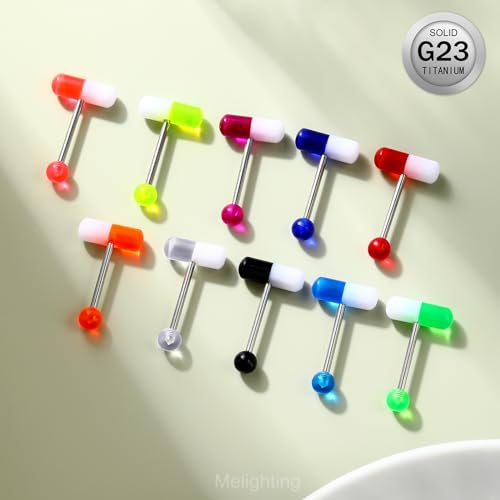 Melighting 10pcs Titanium Pill Tongue Ring 14G Titanium G23 Pill Tongue Piercing Jewelry Uv Shaped 14mm Tongue Barbell with Colorful Ball Tongue Jewelry for Women
