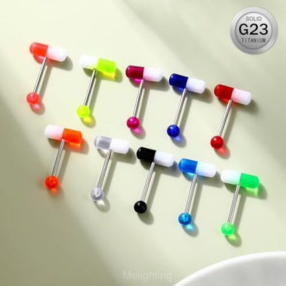 Melighting 10pcs Titanium Pill Tongue Ring 14G Titanium G23 Pill Tongue Piercing Jewelry Uv Shaped 14mm Tongue Barbell with Colorful Ball Tongue Jewelry for Women