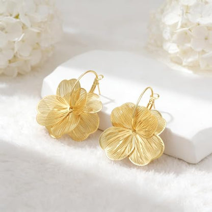 Dangle Flower Earrings for Women, 14K Gold Plated Lightweight Hollow Wire Statement Trendy Floral Hoop Earrings Jewelry Hypoallergenic