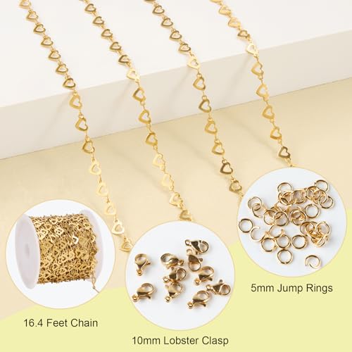 SMYHTGLIF 5 Meters Heart Chain for Jewelry Making Stainless Steel Chain | Permanent Jewelry Chain Bulk Craft Chain Roll with Jewelry Findings - color: Heart Gold