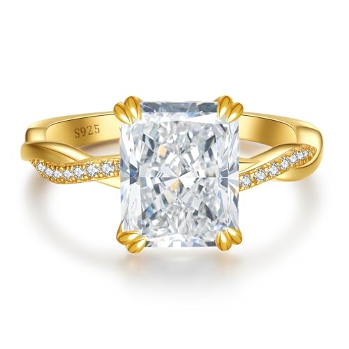 4CT Travel Engagement Ring, Radiant Cut 5A Cubic Zirconia Solitaire in Sterling Silver White Gold/14K Gold Plated Hypoallergenic Durable Comfort Fit, Perfect for Work Daily Wear Honeymoon - color: Gold