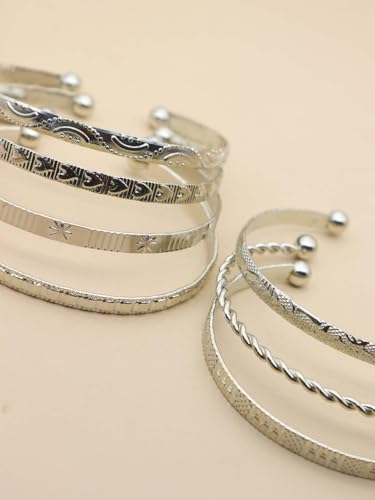 Gold Bangle Bracelets for Women, 14k Gold Plated Multi Layer Textured Stackable Open Bracelet Set Boho Indian Bangles Stackable Set Trendy Elegance Charms Non Tarnish Minimalist Bangle Pack - style: Silver 7Pcs
