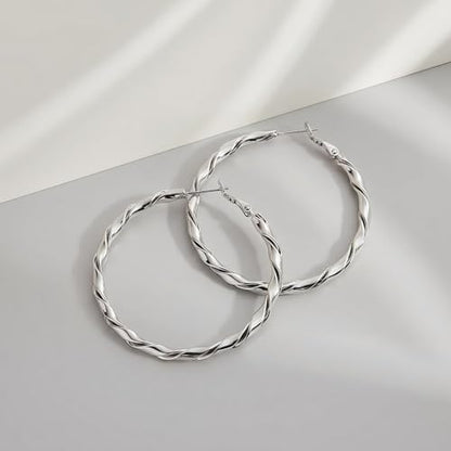 14k Gold Plated Hoop Earrings for Women, 925 Sterling Silver Posts Thick Twist Hypoallergenic Chunky Large Earrings 20mm 30mm 40mm 50mm - color: silver, size: 50mm
