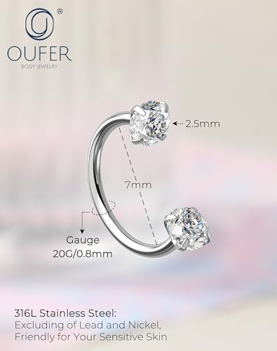 OUFER 2PCS 316L Surgical Steel Horseshoe Nose Rings Hoops, 20G Push Pin Threadless Nose Rings For Women Men, Double Crystal Horseshoe Septum Lip Eyebrow Helix Daith Ear Piercing Jewelry-7mm and 8mm - color: Silver, Clear CZ