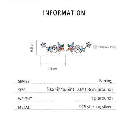 Qings 925 Sterling Silver Stars Earrings, colorful Cubic Zirconia Climber Earrings Hypoallergenic Stud Earrings for Women, Gift boxed