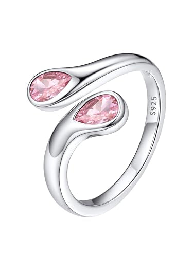 Bestyle Silver Birthstone Ring for Women, Dainty Sterling Silver Teardrop Ring Open Adjustable Band Ring, Love Statement TOI et Moi Ring Promise Ring for Her - color: 10.October (Pink Tourmaline)