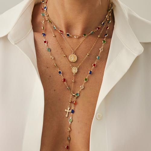 3 Piece Layered Necklace Set for Women, Colorful Beaded Lariat Y Pendant Multi Strand Chain
