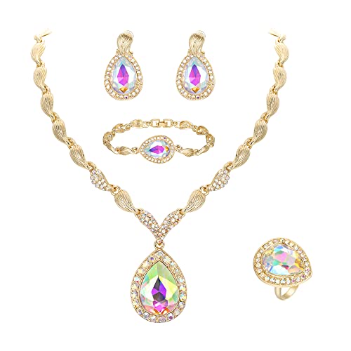 Womens Africa 18k Gold Plated Jewelry Set Crystal Rhinestones Petals Teardrop Cluster Bib Statement Necklace Link Bracelet Dangle Earrings Ring for Prom - color: 05Iridescent AB Gold-Plated-Base
