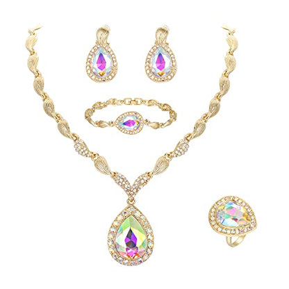 Womens Africa 18k Gold Plated Jewelry Set Crystal Rhinestones Petals Teardrop Cluster Bib Statement Necklace Link Bracelet Dangle Earrings Ring for Prom - color: 05Iridescent AB Gold-Plated-Base