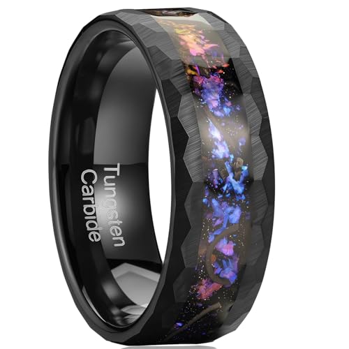 8mm Men's Tungsten Carbide Ring Gold/Black Hammered Meteorite Shavings Gold Foil Inlay Galaxy Nebula Green Opal Engagement Wedding Ring Matte Finish Comfortable Fit - color: 8mm- black tungsten