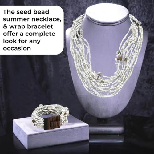 Shop LC Seed Bead Necklace Bracelet Set Boho Jewelry for Women | Multi Layered Boho, Wooden Clasp, 18 Inch Necklace, Stretchable Bracelet - color: White