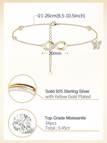 Moissanite Infinity Anklet for Women, Real Authentic 925 Sterling Silver Hypoallergenic, Beautiful Summer Jewelry, Dainty Ankle Bracelet, 8.6-10.6inch (21-26cm) Adjustable - color: Romantic Infinity & Butterfly - Yellow Gold