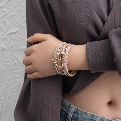 Rantanto Leather Wrap Bracelets For Women Gold Twist Lock Buckle Wrist Cuff | PU leather,Skin-friendly,Boho Stackable Wristband,Fashion Daily Jewelry,Trend Casual Party Bangle,Fit For Birthday, Holiday - color: Heart Khaki