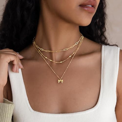 Poxtex Layered Gold Necklaces for Women, Stackable Dainty 14K Gold Silver Plated Trendy Simple Heart Diamond Cross Bow Circle Pendant Paperclip Choker Dot Chain Necklace,Jewelry Set Gifts for Women - color: Gold, style: Bow1