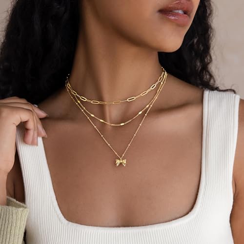 Poxtex Layered Gold Necklaces for Women, Stackable Dainty 14K Gold Silver Plated Trendy Simple Heart Diamond Cross Bow Circle Pendant Paperclip Choker Dot Chain Necklace,Jewelry Set Gifts for Women - color: Gold, style: Bow1