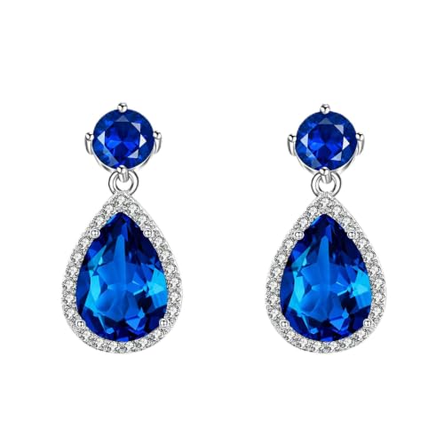 Drop Dangle Earrings Teardrop Gemstone Waterdrop White Gold Plated Crystal Hanging Cubic Zirconia Ruby Sapphire Emerald Jewelry Gift for Women Mother Wife - color: Sapphire