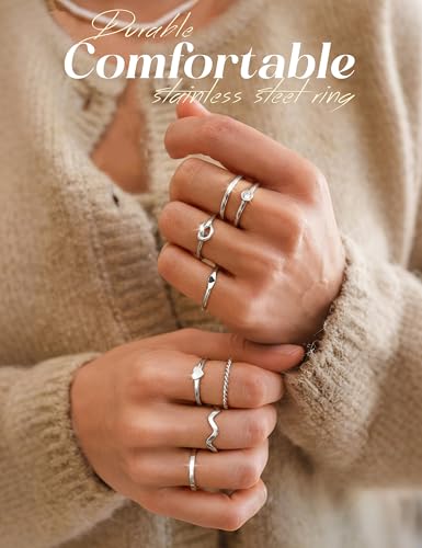 YADOCA Stainless Steel Stackable Rings for Women Non Tarnish Silver Ring | 8pcs 2MM Thin Stacking Thumb Rings 14K Gold Plated Knuckle Statement Band Ring Set Simple Heart Knot Size 5-11 - color: Silver