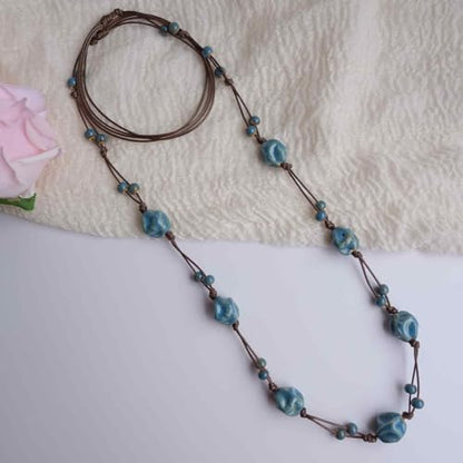 Bohemian Long Beaded Necklace for women, Colorful Hippie Long Layered Necklace, Handmade Boho Jewelry Gift for Mom - color: Teal Blue