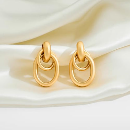 Gold Chunky Earrings for Women Geometric Knot Link Drop Dangle Earrings 14K Gold Plated Statement Earrings Trendy Gold Jewelry - color: Style 1-Matte Gold