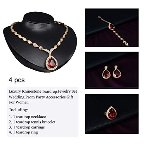 Womens Luxury Africa Dubai 18k Gold Plated Jewelry Sets Wedding Rhinestone Crystal Bib Statement Necklace Earrings Set for Brides Party Prom - color: Red