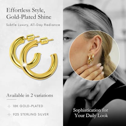 Small Gold Hoop Earrings for Women | 18K Gold Plated Non Tarnish Hoops, Classic Polished Huggie Earrings, 925 Sterling Silver Base, Twist Hoop. (4x20mm & 4x25mm, 3x15mm & 3x20mm) - color: Gold, size: Polish Hoop (4x20mm & 4x25mm)