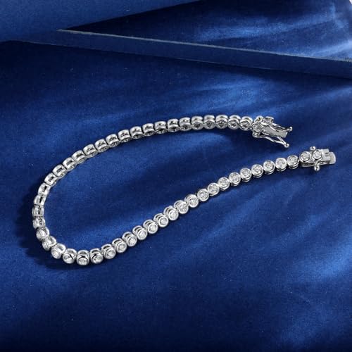 Tennis Bracelet for Women, White Gold Plated with Bezel Clear 3mm Round Cut Cubic Zirconias - size: 7.5 inch