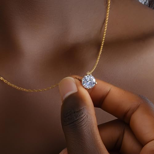 18K Gold Plated Pendant Necklace for Women, 1.2 Carat 7mm Cubic Zirconia Solitaire Dainty Necklace, Anniversary Birthday Mothers Day Gift Adjustable Chain - color: Yellow Gold