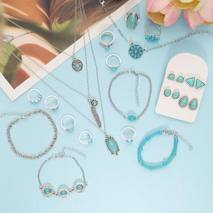 19 Pieces Bohemian Jewelry Set for Women Turquoise Necklace Dangle Earrings Stackable Bangle Bracelets Knuckle Rings Vintage Western Boho Turquoise Jewelry Set Gift