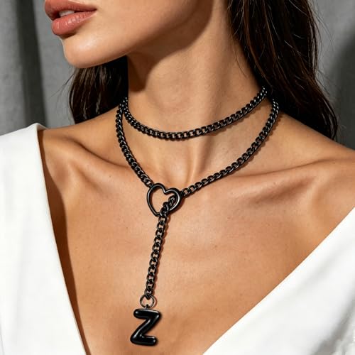 Black Heart Slip Chain Initial Necklaces for Women, Stainless Steel Wrap Choker Necklace, Gothic O-Ring Adjustable Lariat Y Necklaces, Punk Cuban Collar Choker Necklace, Halloween Jewelry Gift - color: Black Z