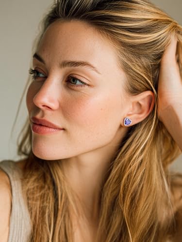 Bestyle Authentic 925 Sterling Silver 2 Carat Birthstone Earrings for Women, More Sparkle Heart/Round Solitaire Diamond Studs Earrings, Great Birthday/Christmas/Anniversary Jewelry for Wife Mother - color: 02. Feb. Amethyst-Heart