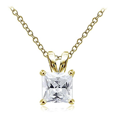 Hoops & Loops Sterling Silver, Yellow Gold Flash or Rose Gold Flash CZ Cubic Zirconia Square Solitaire Pendant Necklace - style: 8mm-Yellow Flash Silver