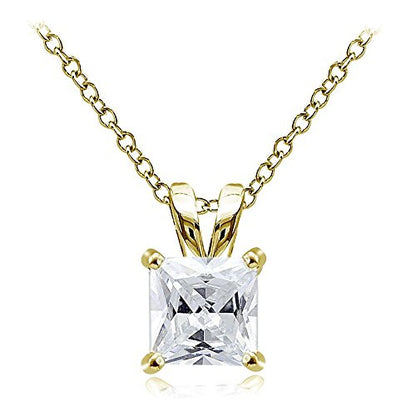 Hoops & Loops Sterling Silver, Yellow Gold Flash or Rose Gold Flash CZ Cubic Zirconia Square Solitaire Pendant Necklace - style: 8mm-Yellow Flash Silver