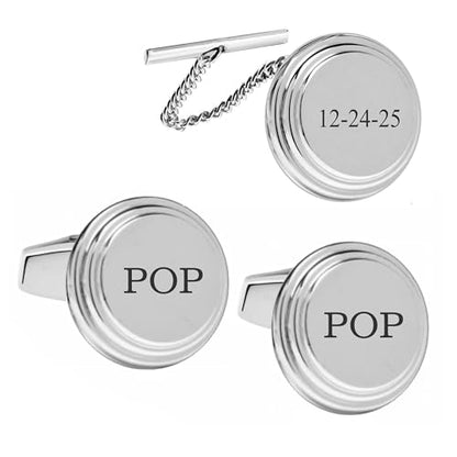 Personalized Stainless Steel Silver Cufflinks & Tie Pin Set Custom Engraved Free - Gift For Him - Men's Tie Tack, Free Engraving - Ships from USA