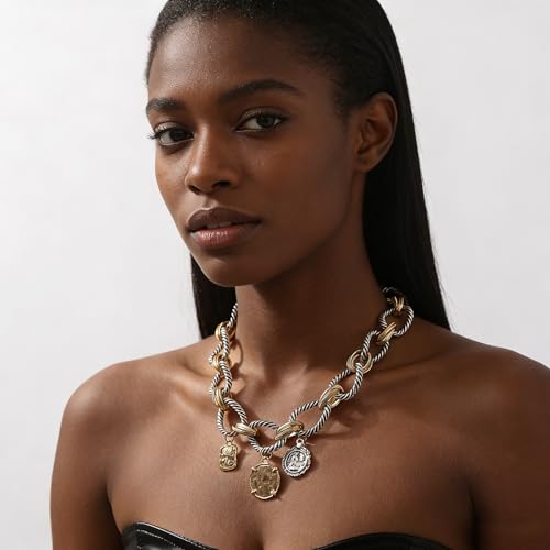 Doubnine Two-Tone Chain Link Necklace, Silver Rope and Gold Accents, Pendant Charm Choker