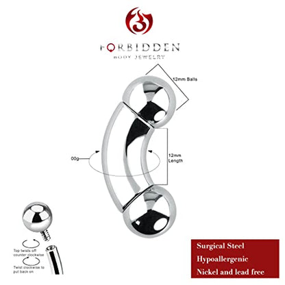 Forbidden Body Jewelry Curved Barbell Piercing Jewelry - 00GA-16GA Silver Eyebrow Piercing - Surgical Steel Snake Eye Frog Eyes Tongue Rings & Belly Rings for Women (6/14mm Bar, 3/12mm Balls) - style: 00GA, 12mm Length, 12mm Balls