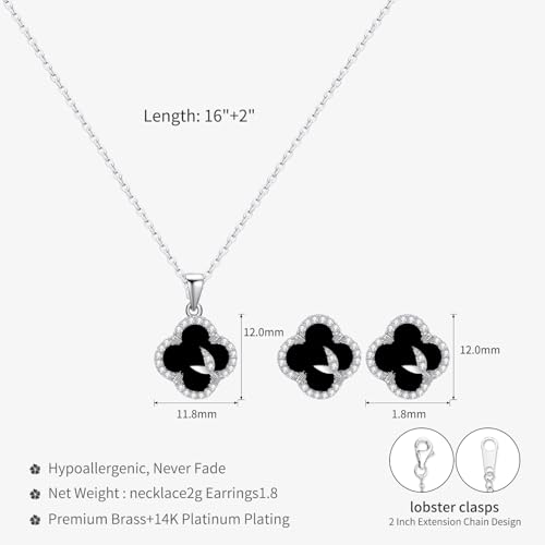 14K Gold Plated | 14K Platinum Plated Necklace for Women Necklace Earrings Set with Sparkling Zircon Inlay and Silver Post Earrings - color: clover suit silver