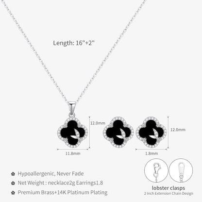 14K Gold Plated | 14K Platinum Plated Necklace for Women Necklace Earrings Set with Sparkling Zircon Inlay and Silver Post Earrings - color: clover suit silver