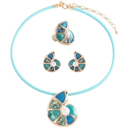 Chunky Statement Jewelry Set Blue Ocean Seashell Choker Necklaces Earrings Set for Women Pearl Bib Collar Necklaces for Party Prom Pageant Summer Fashion Jewelry Unique Birthday Gift - style: sea snail pearl JS Ring gold blue