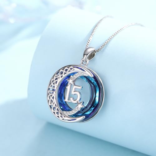 JUSTKIDSTOY Birthday Gifts for Women Girls 925 Sterling Silver Celtic Moon Star Necklace with Blue Crystal Pendant Jewelry for Sister Friends - style: 15th