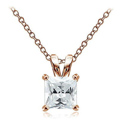 Hoops & Loops Sterling Silver, Yellow Gold Flash or Rose Gold Flash CZ Cubic Zirconia Square Solitaire Pendant Necklace - style: 8mm-Rose Flash Silver