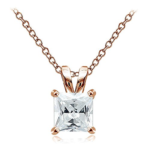 Hoops & Loops Sterling Silver, Yellow Gold Flash or Rose Gold Flash CZ Cubic Zirconia Square Solitaire Pendant Necklace - style: 8mm-Rose Flash Silver