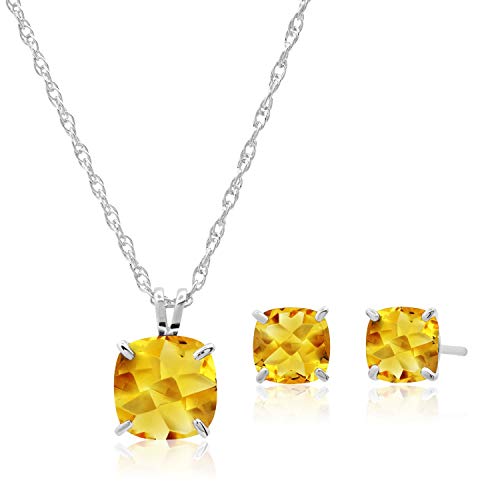 MAX + STONE 14k Gold Plated or Sterling Silver Cushion Cut Gemstone Stud Earrings and Pendant Necklace for Women with 6mm and 8mm Birthstones 18 Inch Chain and Push Backs Jewelry Set - style: Sterling Silver|Genuine Citrine