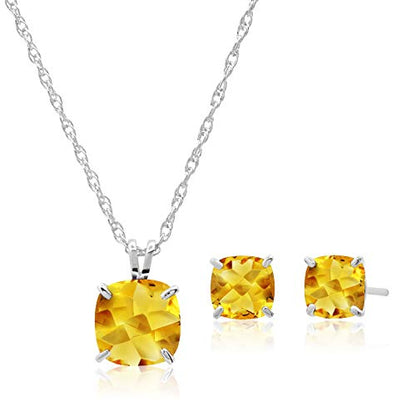 MAX + STONE 14k Gold Plated or Sterling Silver Cushion Cut Gemstone Stud Earrings and Pendant Necklace for Women with 6mm and 8mm Birthstones 18 Inch Chain and Push Backs Jewelry Set - style: Sterling Silver|Genuine Citrine