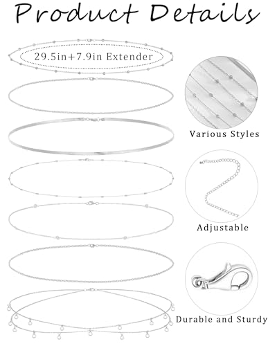 8Pcs Waist Chain 18K Gold Plated Belly Belt Chains Sexy Bikini Summer Beach Satellite Beaded Sequin Snake Layered Coin CZ Body Chain Jewelry Accessories for Women Gold Silver Tone Adjustable - color: Silver