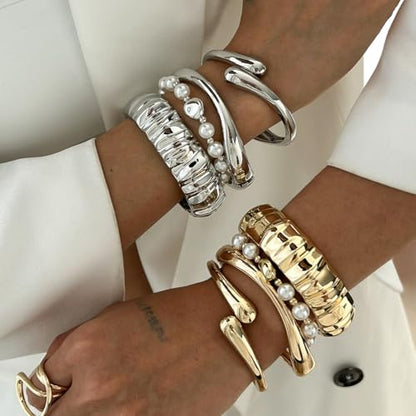 Gold Bangle Bracelet for Women | 14K Gold Plated Chunky Bracelet | Hinged Open Trendy Wide Bracelet for Women - color: silvery2
