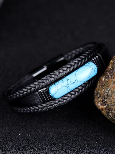 Mens Black Leather Obsidian/Turquoise/Tiger Eye/Red Agate Bracelet–Braided Multi‑Layer Wristband Cuff Bangle Bracelet with Stainless Steel Clasp Gift Jewelry Box Included - color: Turquoise Stone, size: 8.3in(Fits most wrists)