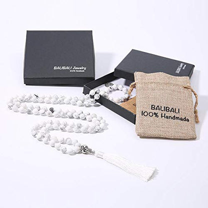108 Mala Beads Necklace Semi-Precious Gem Stones Meditation Necklace 108 Hand Knotted Japa Mala Beaded Tassel Necklace with Tree of Life Pendant - color: Natural White Howlite