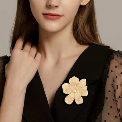 3.74 Inches Rhinestone Camellia Flower Brooch Pins & Hair Clips for Women Elegant Created Crystal Lapel Pin Brooches Wedding Party - color: Champagne