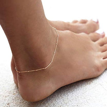 MEVECCO Anklet for Women Gold Chain 14K Gold Plated Dainty Boho Beach Summer Simple Foot Jewelry Ankle Bracelet - style: Silver Bead